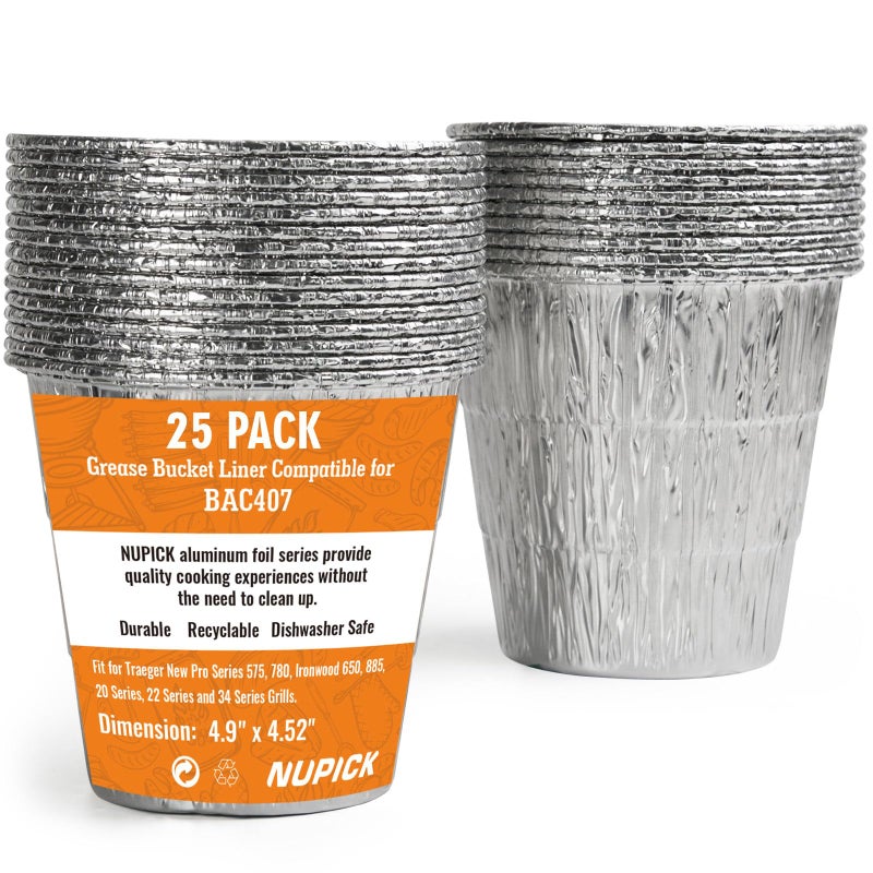 NUPICK 25 Pack BAC407 Grease Bucket Liner Compatible for Traeger Pro Series 575/780, 22/34 Series, Ironwood 650/885 Grills, Grill Accessories for Traeger, 4.9"" x 4.5"" - Image 1
